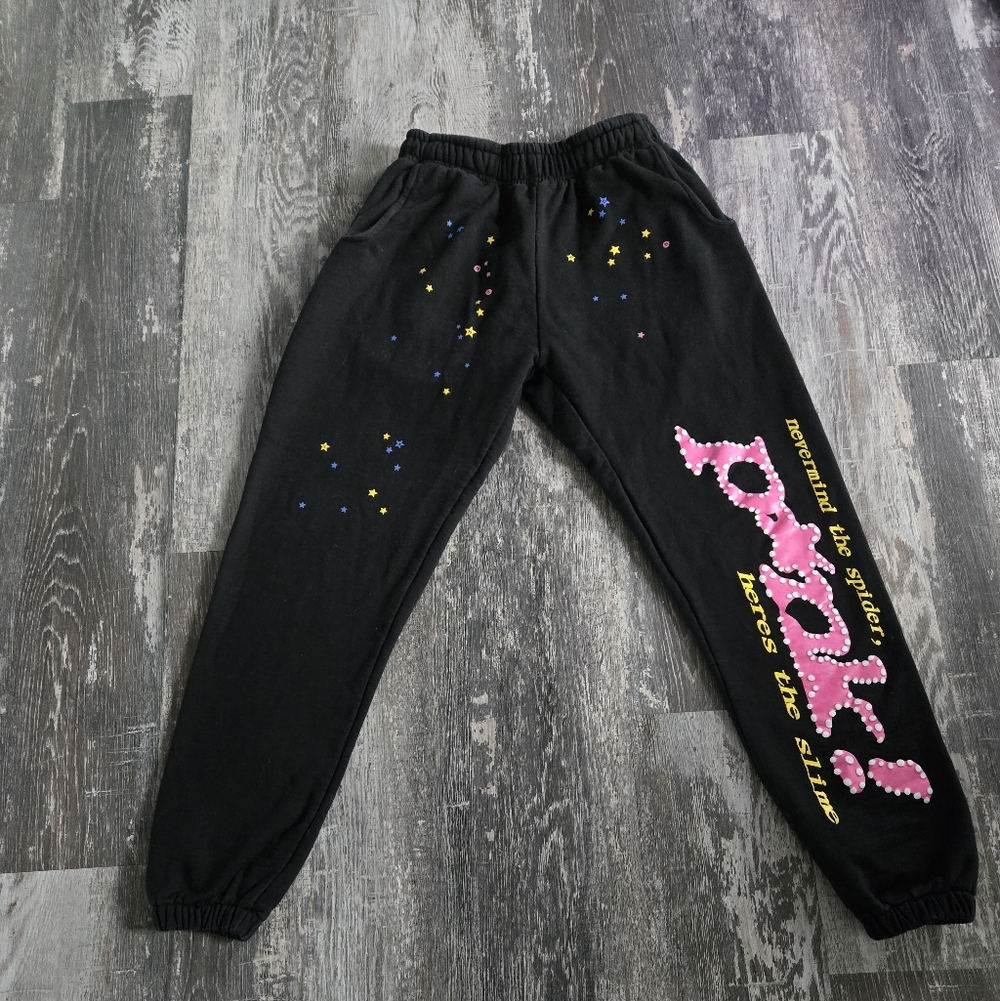Unisex Black SPIDER Joggers with Pink and Yellow Print SIZE SMALL